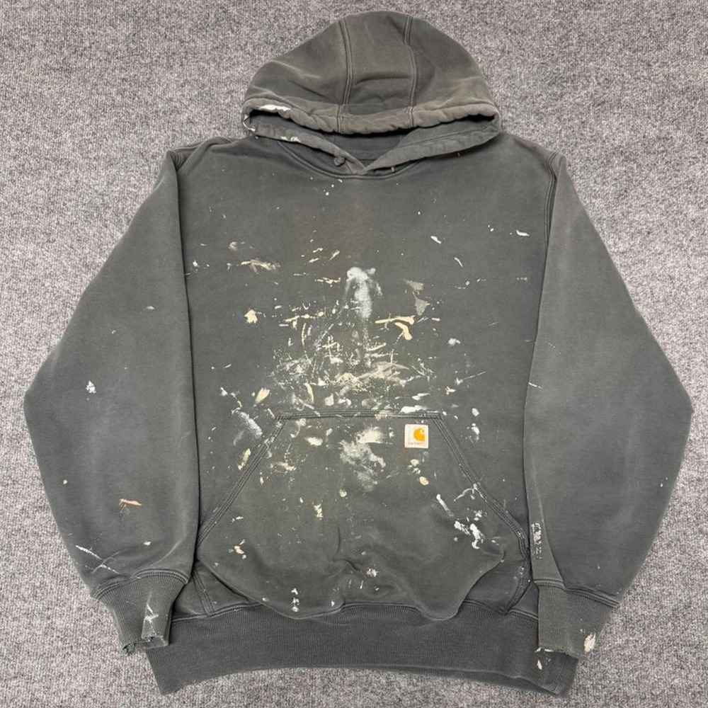 Carhartt Painted Hoodie Mens XL Black Grey Y2K Splatter Original Fit Pullover